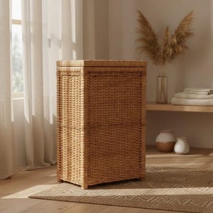 May include: A rectangular wicker laundry basket with a hinged lid. The basket is made of woven light brown wicker and stands on small wooden feet. The background includes a window with sheer curtains, a shelf with towels, and decorative vases.