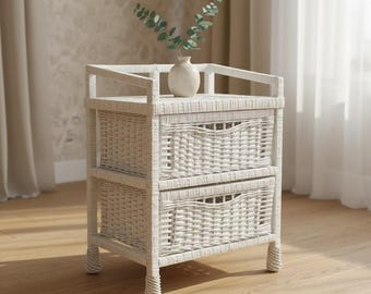 Mesita de noche de mimbre con cajones – Mesita de noche de ratán blanco – Armario de almacenamiento hecho a mano – Muebles de dormitorio estilo boho