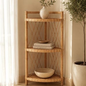 May include: A three-tiered corner shelf constructed from light brown woven rattan. The unit features a triangular shape with a lattice-patterned back, three curved shelves, and vertical support posts at each corner, providing open storage space.