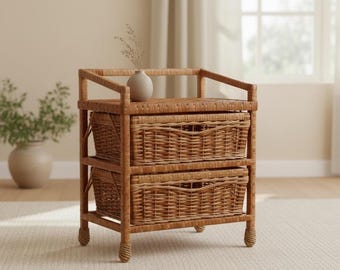 Meuble de rangement en osier – Table de chevet en rotin avec 2 tiroirs – Table de chevet artisanale en osier – Organisateur de rangement bohème pour salle de bain