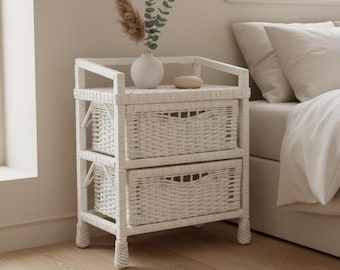 Wicker Nightstand – Rattan Bedside Table with Drawers – White Wicker Storage Cabinet – Boho Bedroom Furniture – Handmade Willow Night Stand