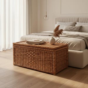 May include: A rectangular storage chest crafted from woven light brown wicker, featuring a flat hinged lid. The chest has a structured frame with a tight, uniform weave pattern throughout the sides and top, providing a natural texture.