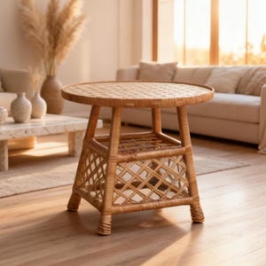 May include: A round side table constructed from light brown woven rattan. The table features a circular top with a flat surface, a lower shelf, and four sturdy legs. The base section is designed with an open, crisscross lattice pattern.