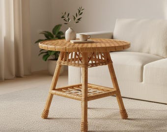 Mesa auxiliar redonda – Mesa de centro de mimbre – Mesa auxiliar de ratán – Muebles bohemios hechos a mano – Mesa pequeña para sala de estar