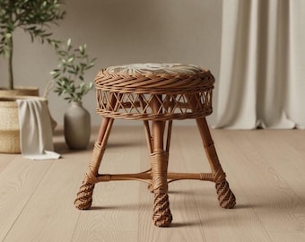 Taburete de mimbre – Reposapiés de sauce hecho a mano – Otomana rústica – Asiento bohemio – Soporte para plantas tejido – Muebles de estilo ratán natural