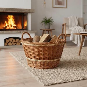 May include: A woven wicker basket filled with firewood, featuring two sturdy handles. The basket is a warm brown color with a lighter band around the middle. It sits on a neutral-toned rug in front of a fireplace.
