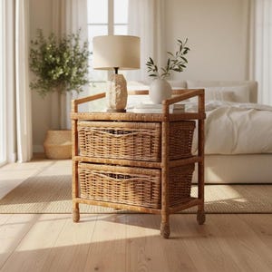 May include: A rectangular wooden rolling cart featuring two woven wicker storage baskets stacked vertically. The cart has a flat top surface holding a table lamp with a beige fabric shade and a stone-textured base, plus a small white vase.