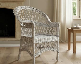 White Wicker Chair - Rattan Accent Chair - Boho Armchair - Handmade Willow Chair - Cottagecore Farmhouse Furniture