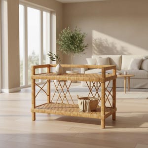 May include: A rectangular two-tier console table crafted from light brown woven rattan. The frame features a crisscross lattice design on the sides. A small white ceramic vase and a woven basket containing a light-coloured cloth sit on the shelves.