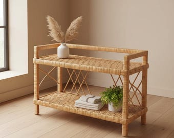 ラタン製本棚、籐製自立式本棚、手作りラタン棚本棚、ボヘミアン
