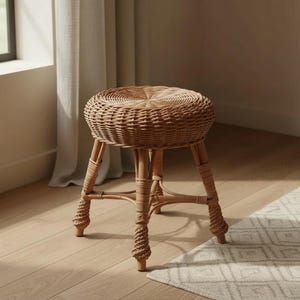 May include: A round stool constructed from light brown woven rattan. The seat features a circular, tightly woven pattern, supported by four sturdy legs that are reinforced with additional rattan bindings at the base and mid-section.