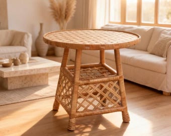 Mesa de centro redonda de mimbre – Mesa auxiliar estilo bohemio, mesa decorativa hecha a mano, muebles de patio, mesa de exterior, muebles de sauce natural