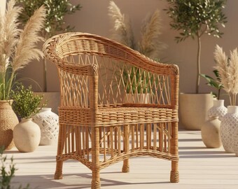 Wicker Patio Chair – Handmade Boho Rattan Armchair – Rustic Outdoor Furniture – Natural Willow Accent Chair