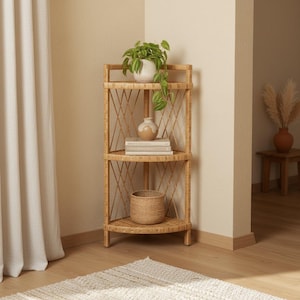 Corner Shelf – Rattan Corner Shelf – Wicker Bookshelf – Boho Shelving Unit – Corner Plant Shelf – Handmade Rattan Furniture