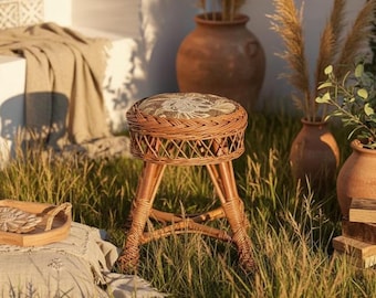 Rieten voetenbank – Handgemaakte rotan poef – Boho rustieke kruk – Kleine geweven stoel – Boerderijdecor – Natuurlijke wilg