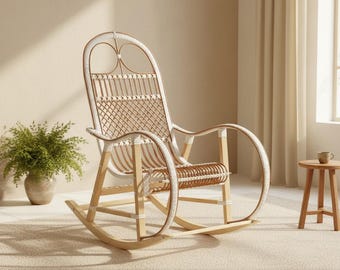 Wiklinowy fotel bujany – bujany fotel rattanowy – ręcznie tkany fotel akcentowy w stylu boho – naturalne meble wiklinowe – bujany fotel do pokoju dziecięcego na werandę i patio