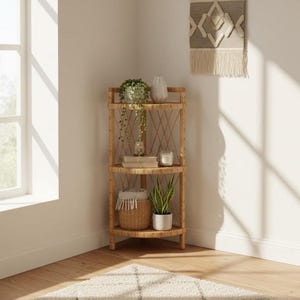 Op de afbeelding: Een hoekplank met drie niveaus, gemaakt van lichtbruin geweven materiaal. De plank bevat planten, boeken, een kaars en een geweven mand. Een witte vaas en een decoratieve wandhanger zijn ook zichtbaar. De plank staat in een hoek met een raam links.