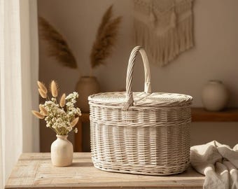 Cesta de picnic de mimbre blanco – Cesta de picnic de ratán hecha a mano con tapa – Cesta estilo cottagecore – Decoración de picnic bohemia – Cesta rústica