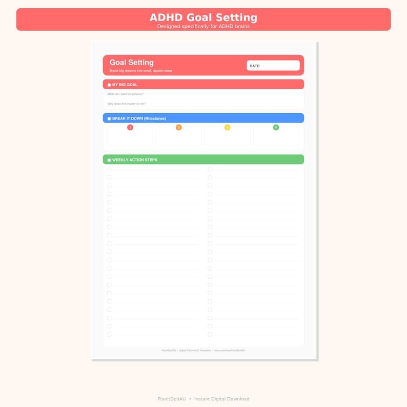 ADHD Goal Setting Printable, Neurodivergent Goal Planner PDF, ADHD Goal ...