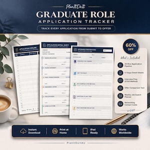 Graduate Job Tracker, Graduiertenrollenplaner, Organisator für die Arbeitssuche, Vorstellungsgespräche, druckbarer Karriereplaner, Bewerbungstracker