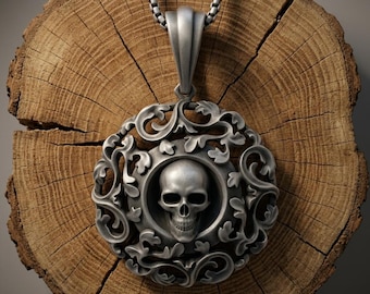 Ciondolo a forma di teschio in argento 925, collana con volute gotiche, armatura Memento Mori, teschio ornato in filigrana, gioielli Dark Academia, amuleto ossidato