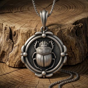 May include: A silver-toned pendant necklace featuring a circular frame with a raised scarab beetle design in the center. The pendant has a textured, dark gray background within the frame and is suspended from a matching silver-toned box chain.
