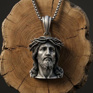 925 Silver Jesus Bust, Crown Of Thorns 3D, Brutalist Christ Head, Heavy Men Religious, Catholic Savior Charm, Passion Amulet