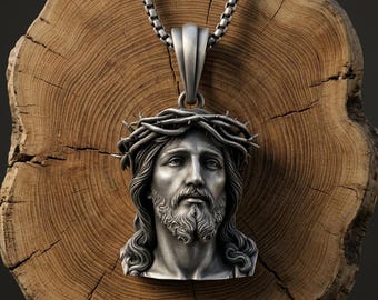 Busto de Jesús en plata 925, Corona de Espinas 3D, Cabeza de Cristo Brutalista, Religioso para Hombres Pesados, Amuleto del Salvador Católico, Amuleto de la Pasión