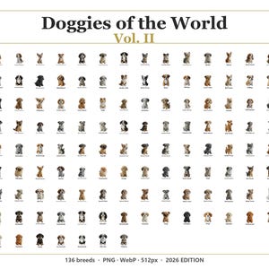 May include: A poster titled "Doggies of the World Vol. II" displaying 136 dog breeds. Each breed is illustrated in detail. The poster has a white background with black text, including the edition year.
