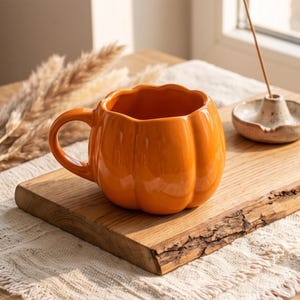 Peut inclure: Une tasse en céramique orange vif en forme de citrouille avec une finition lisse et brillante et une anse incurvée. La tasse présente un corps arrondi et nervuré qui imite les contours naturels d'une citrouille, offrant une large ouverture.