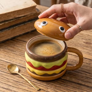 Puede incluir: Una taza de cerámica con forma de hamburguesa y una tapa a juego que presenta dos ojos. La taza tiene capas de pintura marrón, amarilla y roja que representan el pan, el queso y el kétchup. Una pequeña cuchara de metal dorado se encuentra al lado.