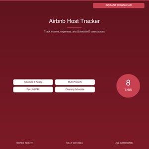 Può includere: Un documento digitale bordeaux intitolato "Airbnb Host Tracker" con testo bianco. Il documento include opzioni per la Schedule E, multi-proprietà, P&L per unità e programma di pulizia. Il documento ha 8 schede ed è completamente modificabile.