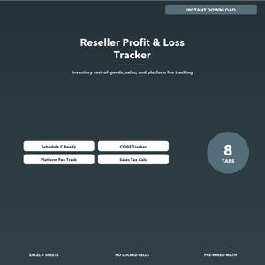 Puede incluir: Un gráfico azul oscuro con el texto "Reseller Profit & Loss Tracker". Incluye el texto "Inventory cost-of-goods, sales, and platform fee tracking". Hay cuatro botones rectangulares blancos y un círculo gris con el número "8" y la palabra "TABS".