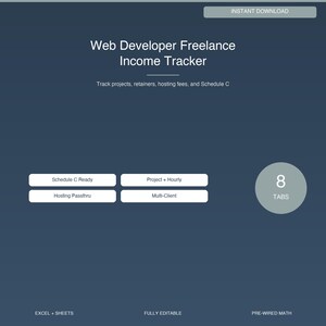 Feuille de calcul pour développeur Web | Modèle de feuille de calcul de pertes et profits | Développeur indépendant Income Tracker (Google Sheets Excel)