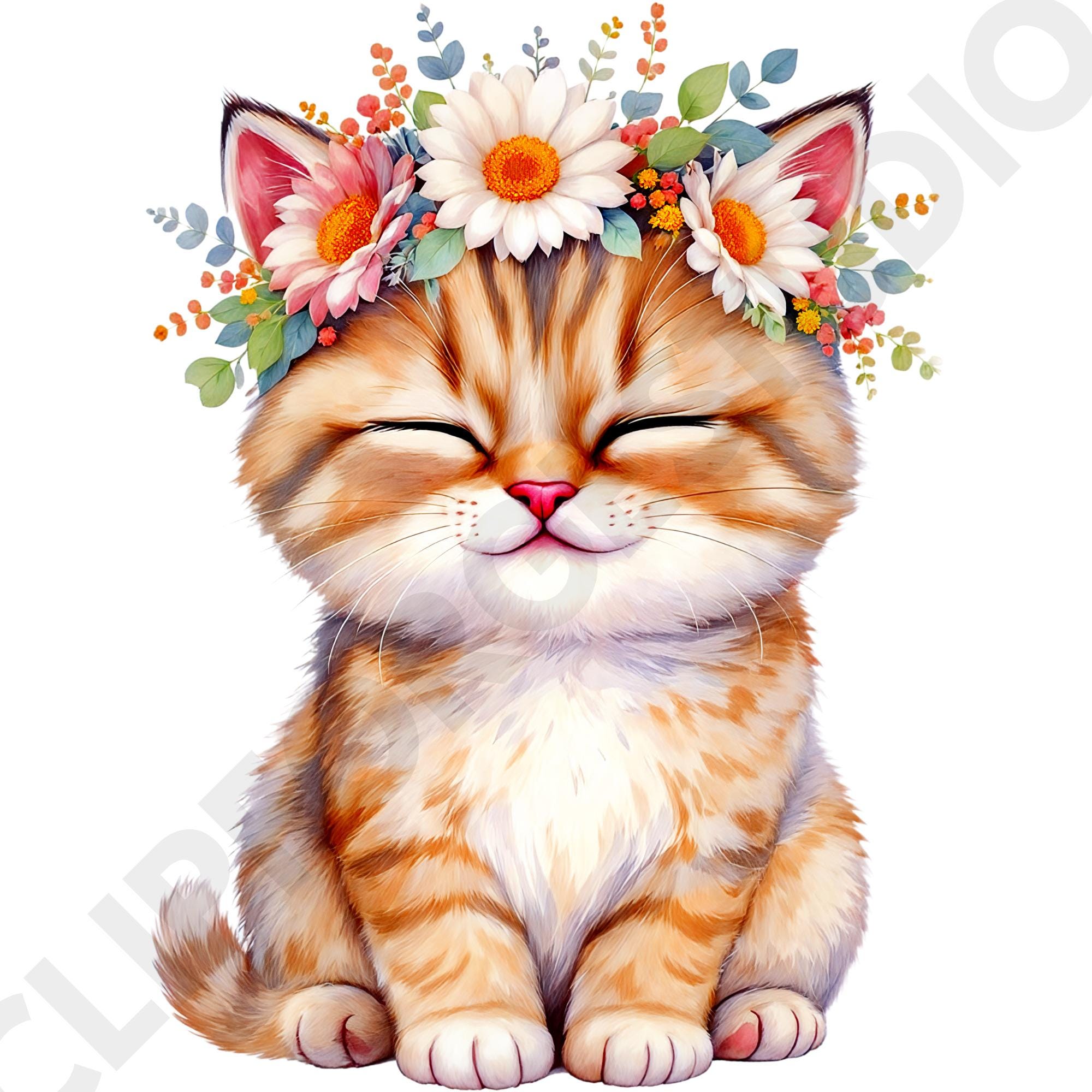 12 Cute Kittens Watercolor Clipart PNG Bundle, Floral Cat Clipart, Boho ...