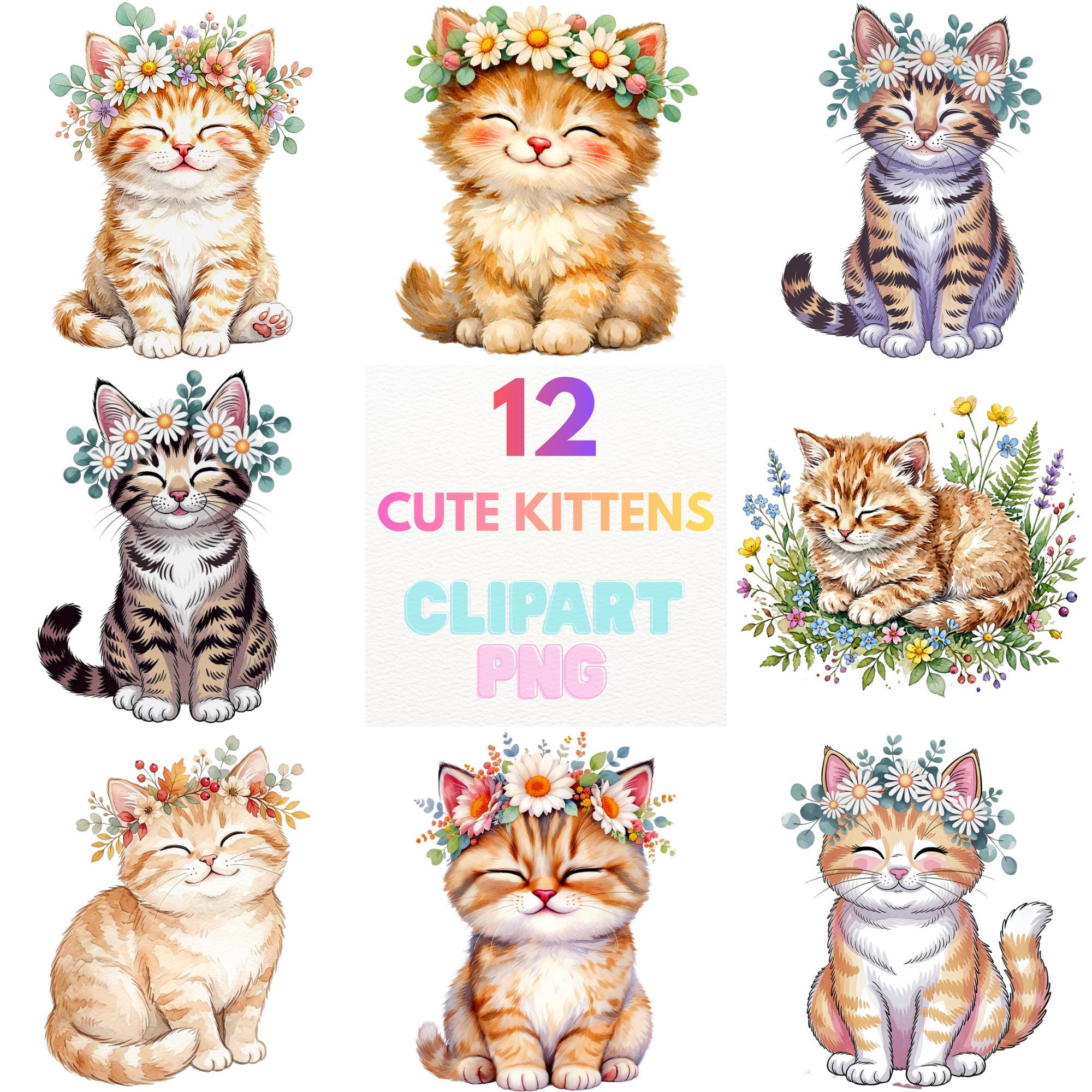12 Cute Kittens Watercolor Clipart PNG Bundle, Floral Cat Clipart, Boho ...