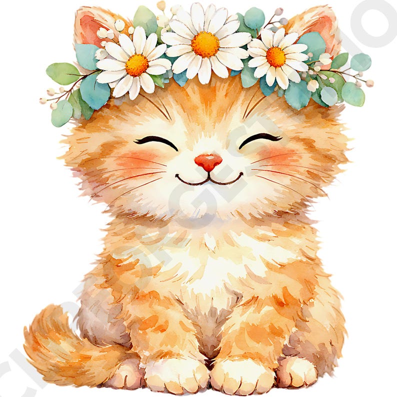 12 Cute Kittens Watercolor Clipart PNG Bundle, Floral Cat Clipart, Boho ...