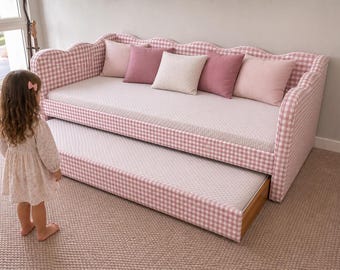 Gingham Daybed with Trundle, Twin Upholstered Linen Bed, Kids Nursery Decor