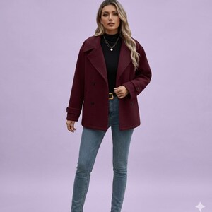 Maroon Wool Peacoat for Women - Classic Double Breasted Winter Jacket - Elegant Wine Red Short Trench Coat -Warm Fall Fashion Outerwear Gift