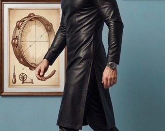 Cappotto lungo da uomo in pelle nera, trench, vera pelle bovina, stile steampunk gotico vittoriano vintage, cappotto lungo da motociclista, giacca invernale