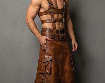Men Handmade Leather Kilt Harness - Steampunk Gladiator Costume, Genuine Cowhide Body Chest Straps, Gothic Viking Armor, Festival Rave Gear