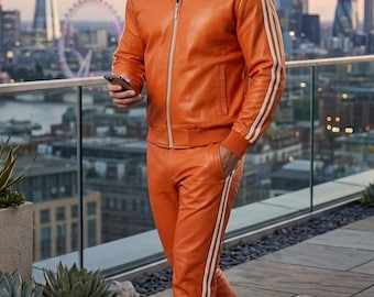 Tuta da uomo in vera pelle, nera, arancione e a righe bianche, set da jogging streetwear di lusso