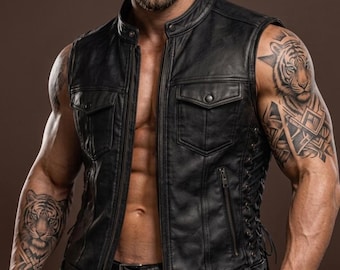 Chaleco de motociclista de cuero genuino para hombre – Chaleco de moto para motociclistas, chaleco de piel de vaca de corte clásico, chaleco de motociclista resistente con botones a presión