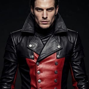 Abrigo largo de cuero rojo y negro hecho a mano con diseño de vampiro - Gabardina gótica estilo Van Helsing Steampunk - Chaqueta de cosplay medieval victoriana Witchcore para hombre