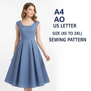 Puede incluir: Un vestido azul claro con cuello redondo y falda plisada. El vestido llega a la rodilla y tiene un corpiño ajustado. Texto a la derecha: A4, AO, US LETTER, SIZE (XS TO 2XL), SEWING PATTERN.