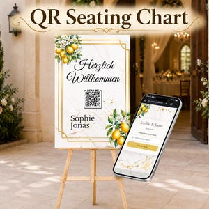 Personalisierter Sitzplan mit QR Code Hochzeit – Zitrone, mediterranes Design als digitale Druckdatei