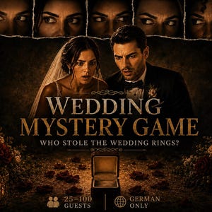 May include: A Wedding Mystery Game box set featuring a bride and groom with shocked expressions. The text reads Wedding Mystery Game, Who Stole The Wedding Rings?, 25-100 Guests, and German Only. An open empty ring box sits in the centre.