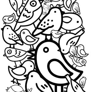 May include: A black and white illustration featuring a collection of stylized birds. The birds vary in size and pose, with thick black outlines defining their shapes. Some birds have small details like dots or hearts.
