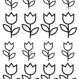 Peut inclure: Motif répété de tulipes en noir sur fond blanc. Chaque tulipe est dessinée en trait noir, avec une fleur, une tige et des feuilles. Une tulipe a un petit symbole de cœur.