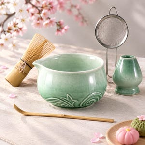 May include: A light green ceramic matcha bowl with a pouring spout and embossed wave patterns, accompanied by a bamboo whisk, a bamboo scoop, a metal mesh sifter, and a light green ceramic whisk holder on a textured surface.
